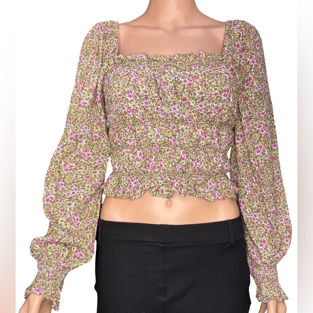 H&M Floral Smocked Long Sleeve Viscose Cropped Blouse - Pink and Green Small